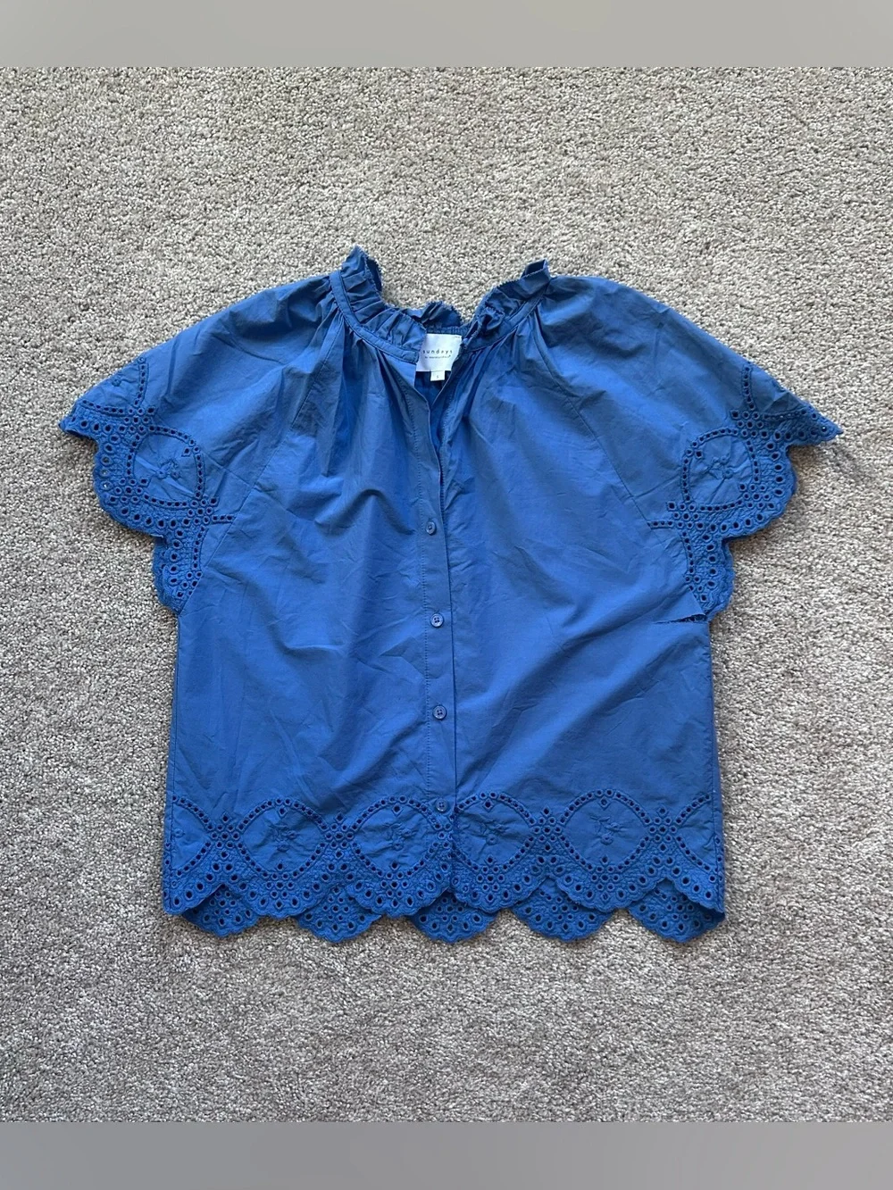 SUNDAYS Blue Eyelet Embroidered Ruffle Neck Top Small (AS IS Tear under arm)